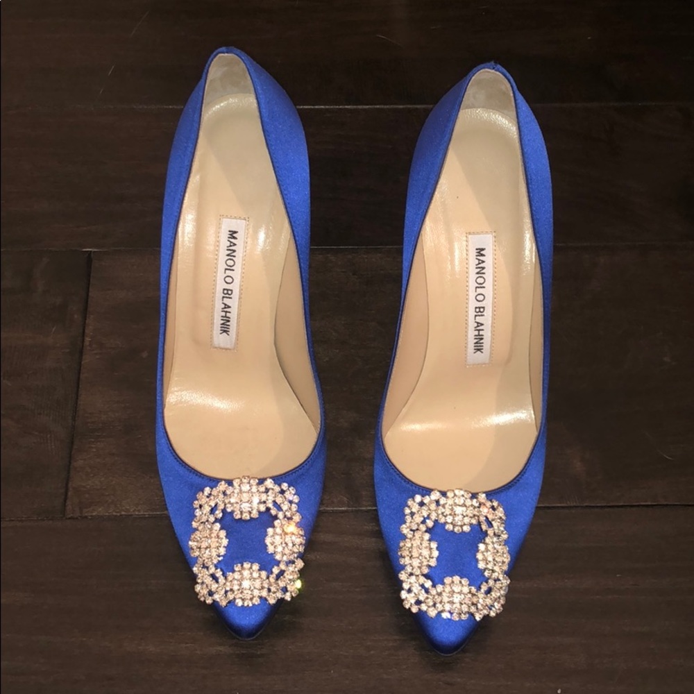 Manolo Blahnik Blue Satin Jewel Buckle Pumps